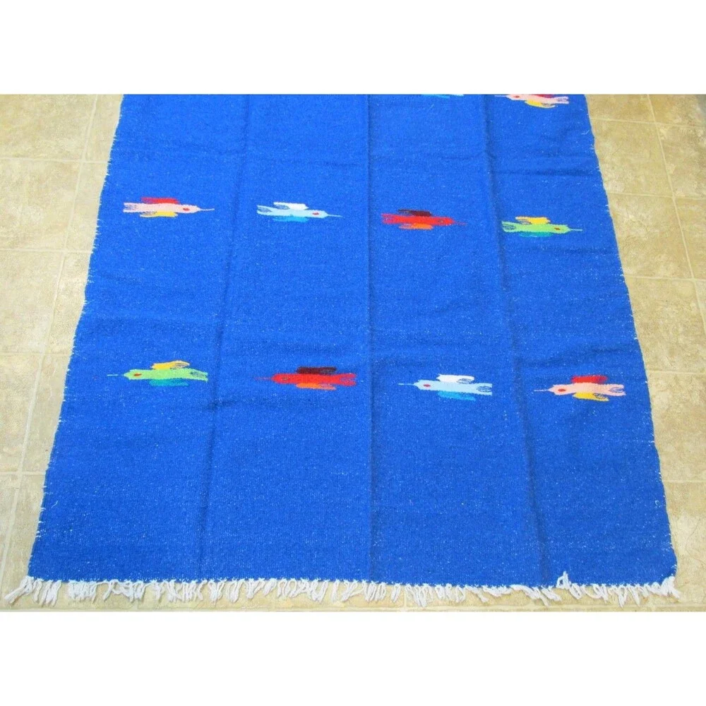 Vtg Mexican Blanket Go Londrina thunderbird  knit artisan Handwoven Blue Rug